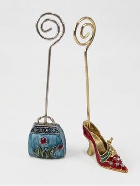 Miniature Enamel Shoe & Purse Photo Holder Set